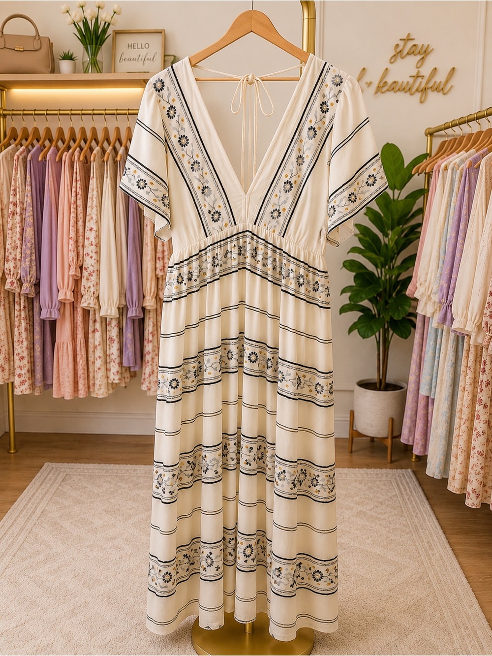 NWOT LOFT Ivory Maxi Dress with Navy & Yellow Floral Embroidery